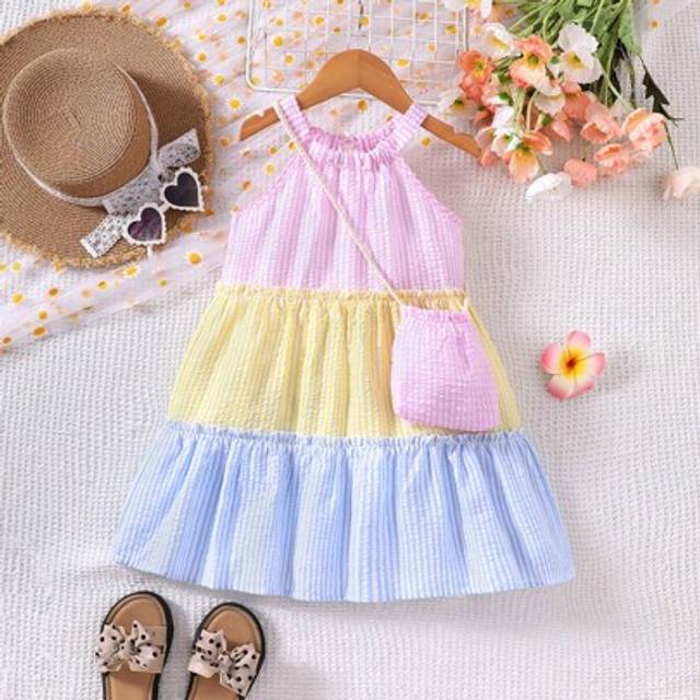SHEIN Young Girls Plaid Splicing Ruffle Trim Cute Vacation Halter Dress With Matching Crossbody Bag, Spring/Summer