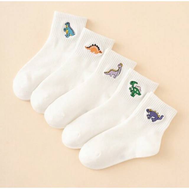 SHEIN 5pairs Funny Personalized Cartoon Dinosaur Embroidery Mid-Calf Socks For Girls, All Seasons, European And American Sizes, Comfortable, Breathable And