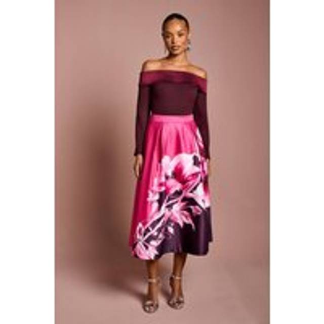 Petite Placement Print Satin Midi Skirt - Red - 6
