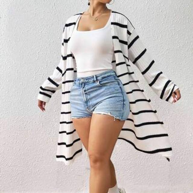 SHEIN Plus Size Striped Fluffy Knit Cardigan, Autumn Striped Cardigan Women Black And White Striped Cardigan