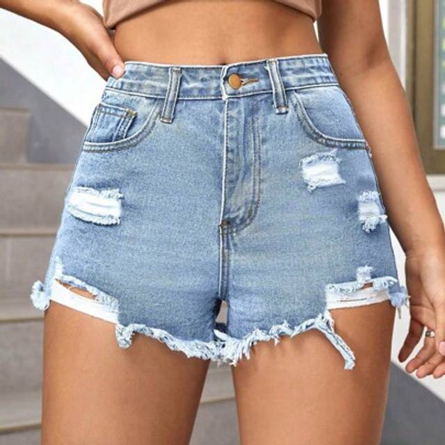 SHEIN Summer Casual Washed Ripped Denim Shorts