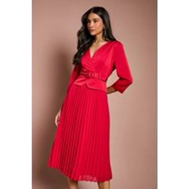Satin Bodice ¾ Sleeve Pleat Skirt Belted Midi Wedding Guest Dress - Red - 16