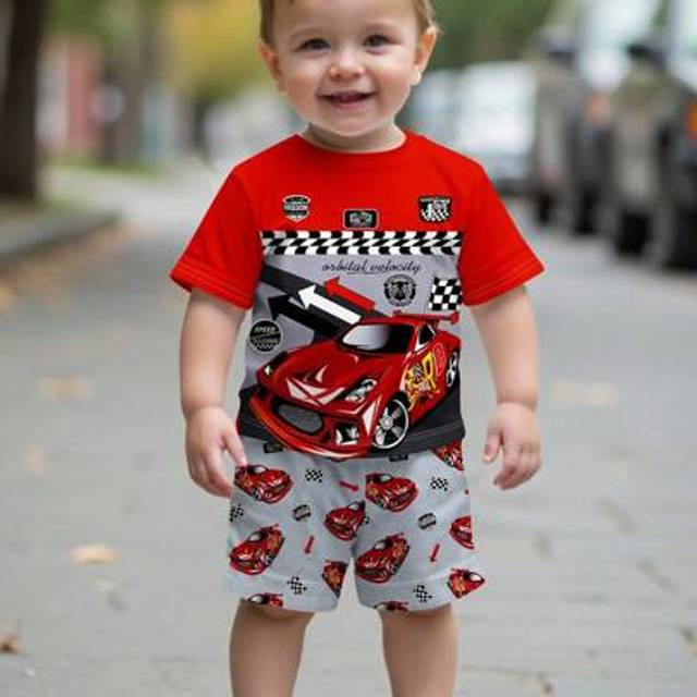 SHEIN 2pcs/Set Baby Boy Casual Stylish Cool Racing Culture Print Round Neck Short Sleeve T-Shirt And Shorts Suit, Summer