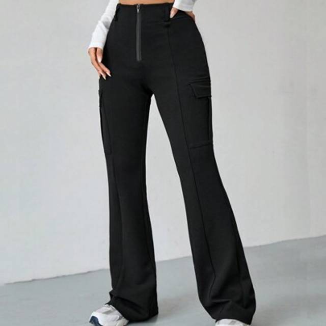 SHEIN Flap Pocket Side Zip Fly Flare Leg Cargo Women Pants