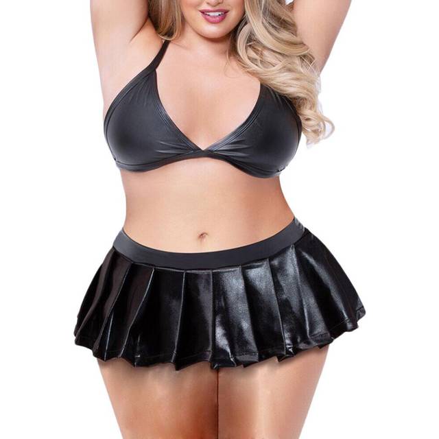 Sexy Women Leather V-neck Plus Size Bra Underwear Mini Skirt Lingerie Set Erotic Sex Costume Two-piece Lenceria Bikinis