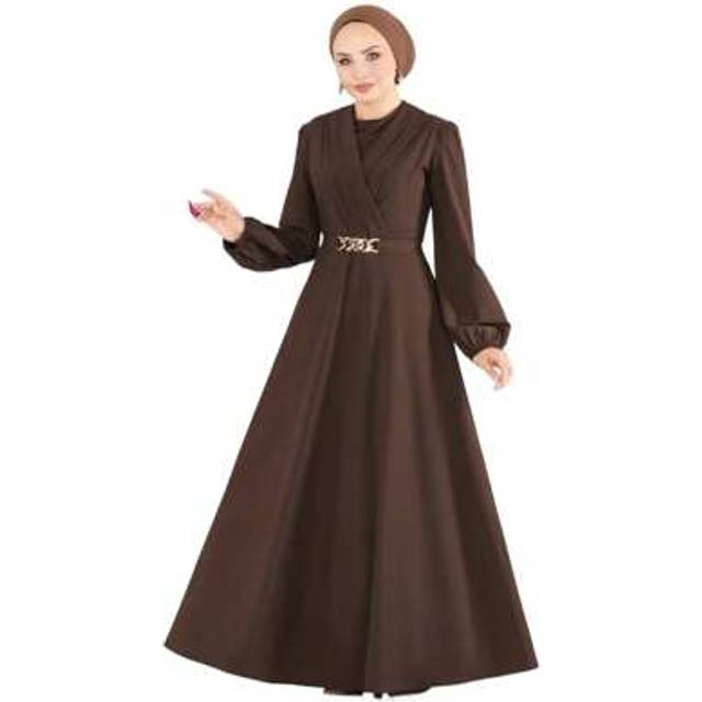 SHEIN Fashionable Women&#39;s High-End Round Neck Plain Color Gorgeous Waist Cinching Long Dress,Modest