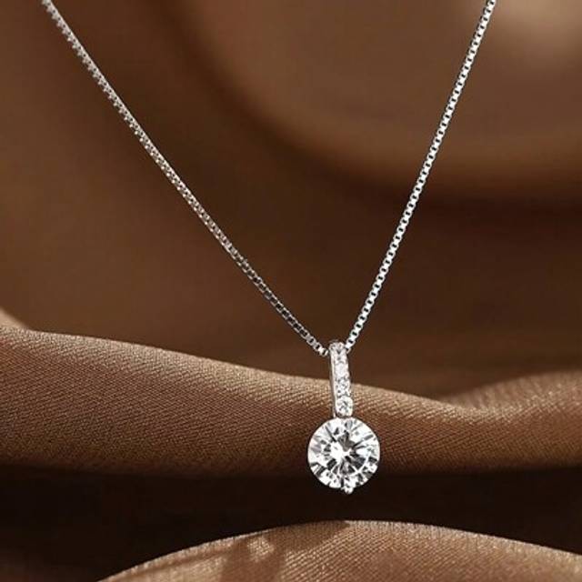SHEIN 925 Sterling Silver Single Diamond Necklace For Women, Dainty Box Chain, Minimalist Sparkly Pendant Clavicle Chain, Gift