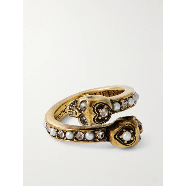 MCQUEEN - Wrapped Skull Gold-tone, Crystal And Faux Pearl Ring - 9