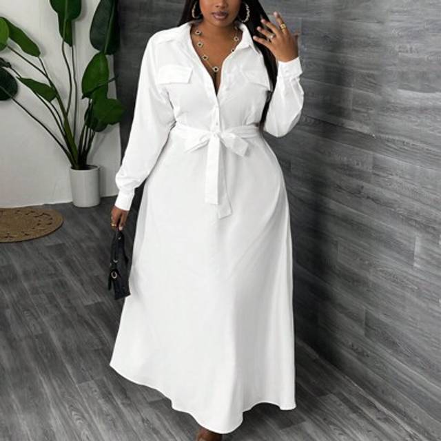 Slaydiva Fall Outfits Teacher Dress Commuter Elegance Women&#39;s Plus Size Maxi Women Dresses Long Shirt Style A-Line Dress In White - With Waist Belt,Graduation