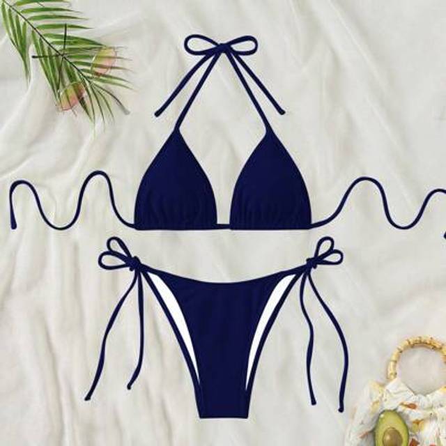 SHEIN Women&#39;s Summer Beach Solid Color Halter Neck Bandage Sexy Bikini Set