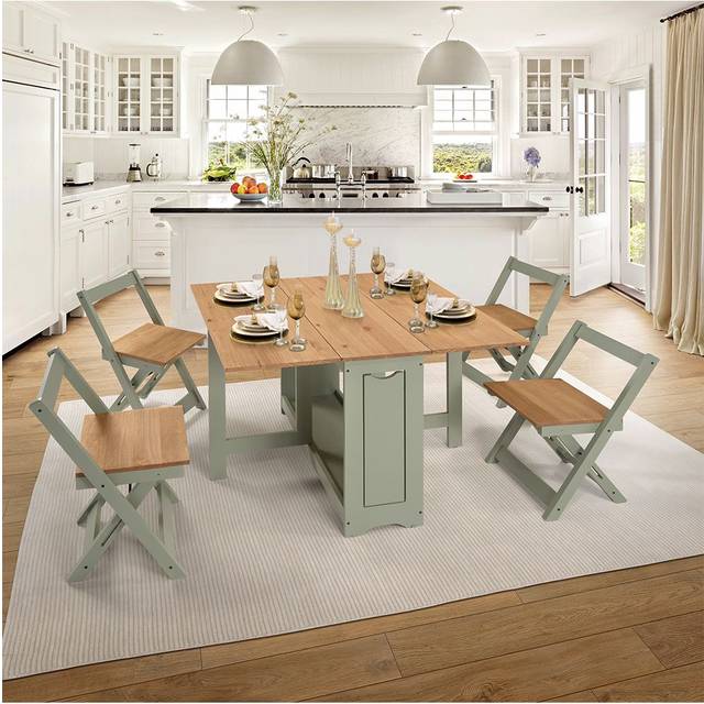 Santos Folding Drop Leaf Butterfly Dining Table Set 4 Chairs Sage Green & Distressed Wax Pine