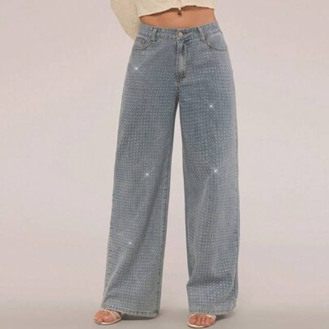 SHEIN Vintage Wash Scattered Diamante Detail Straight Leg Jeans Spring Outfits Mid Rise Jeans Festival Outfits Summer Bottoms Rhinestone Jeans
