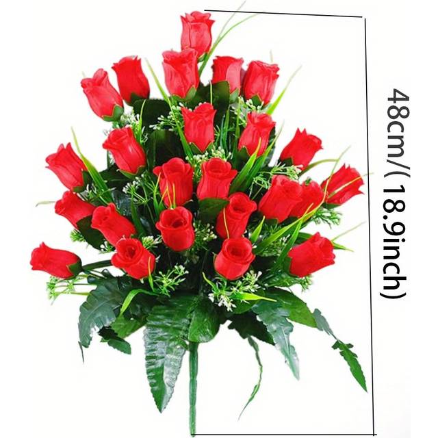 TEMU 1 Bundle Of 24 Artificial Roses Cemetery Memorial Flowers - Plastic, Suitable For Outdoor Grave Decorations On Anniversary Of Funeral, Burial Grounds And Condolences