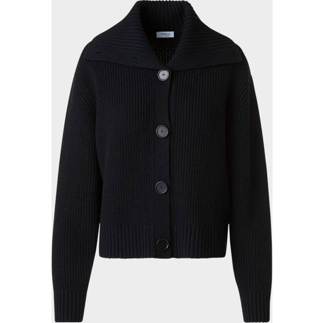 Cashmere-Wool Chunky Knit Collared Boxy Cardigan - BLACK - 8