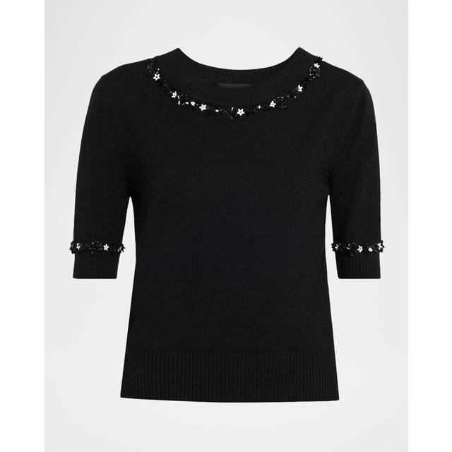 Sequin Flower Short-Sleeve Knit Sweater - BLACK - Small