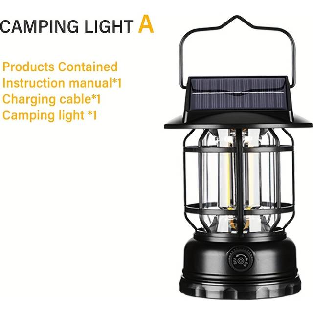 TEMU Vintage Outdoor Led Solar Camping Lantern, Dimmable Tabletop Tent Light With Hook, Usb Rechargeable Portable Lamp For Camping, Hiking, Travel, Emergency, ≤36v Lithium Battery Powered