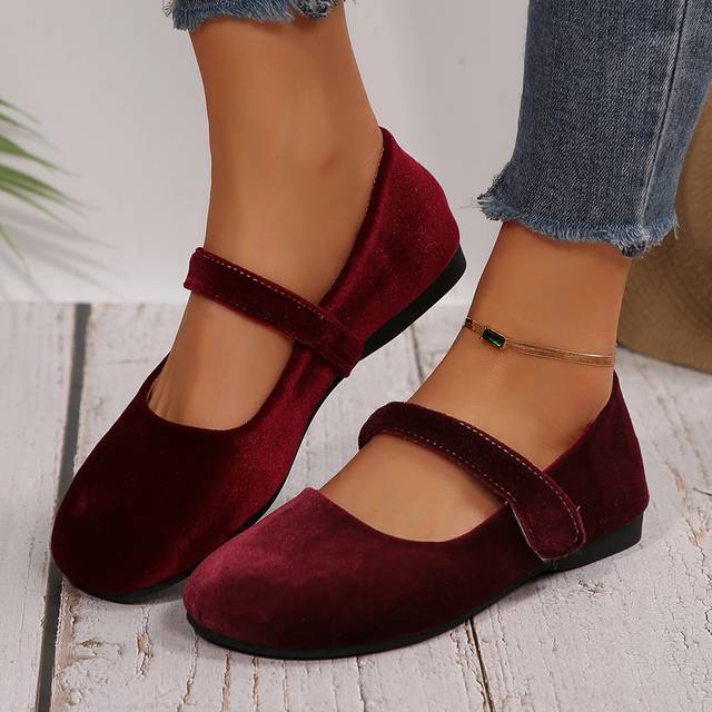 TEMU Chic Burgundy Flats For Women - Comfortable & Lightweight With Hook-and-loop Fastener Closure, Work & Parties