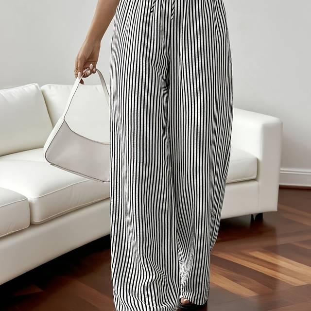 TEMU Women's Casual Striped Wide-leg Pants - Loose Fit, Elastic Waist With Pockets, Long Length, Black & White Vertical Stripes, Casual Attire, Comfortable Fashion | Striped Wideleg |