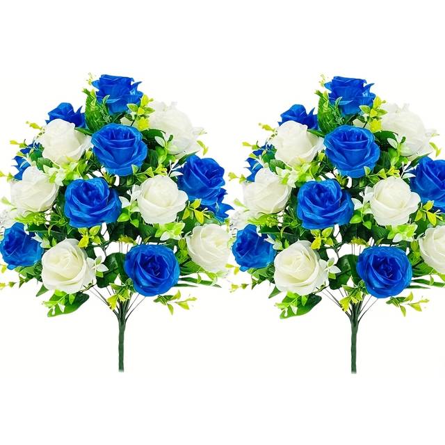 TEMU 2pcs Blue And White Artificial Roses With Greenery - Cemetery Decorations & Home Ornaments, Durable Plastic, No Power Needed, Memorial Cemetery Flower