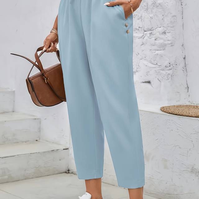 TEMU Women's Elegant Solid Color Pencil Pants With Button Detail And Pockets, Polyester 100%, Non-stretch Woven Fabric, Size Trousers, 140 G/m²