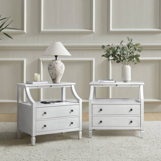 Areebe 2 - Drawer Nightstand With Pull-Out Storage Tray And Built-In Outlets Set Of 2 - White (71cm H X 76cm W X 47cm D)