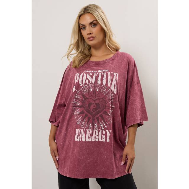 Yours Curve Pink Acid Wash 'Positive Energy' Oversized Tshirt, Women's Curve & Plus Size, Yours - 20