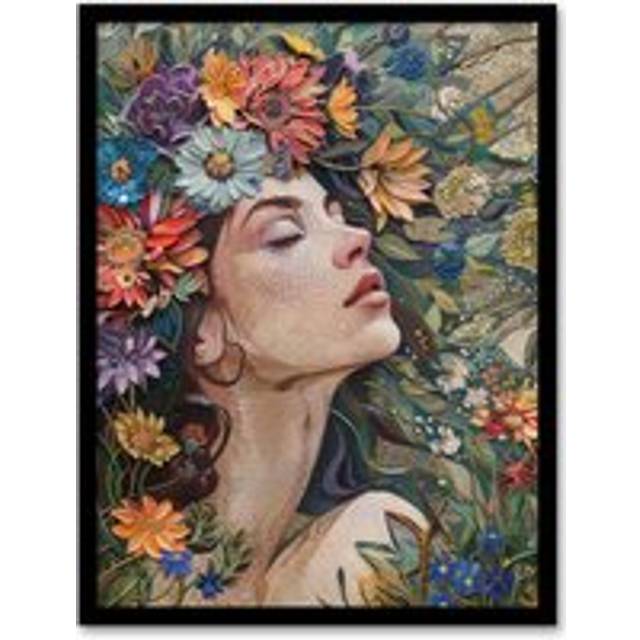 Wall Art Print Woman Boho Portrait in Spring Flowers Mosaic Art Framed Poster - Black - W12 inch x H16 inch