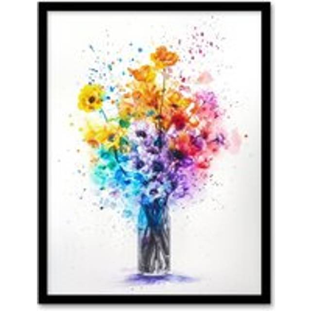 Wall Art Print Rainbow Colour Flower Bouquet in Glass Vase Art Framed Poster - Black - W12 inch x H16 inch