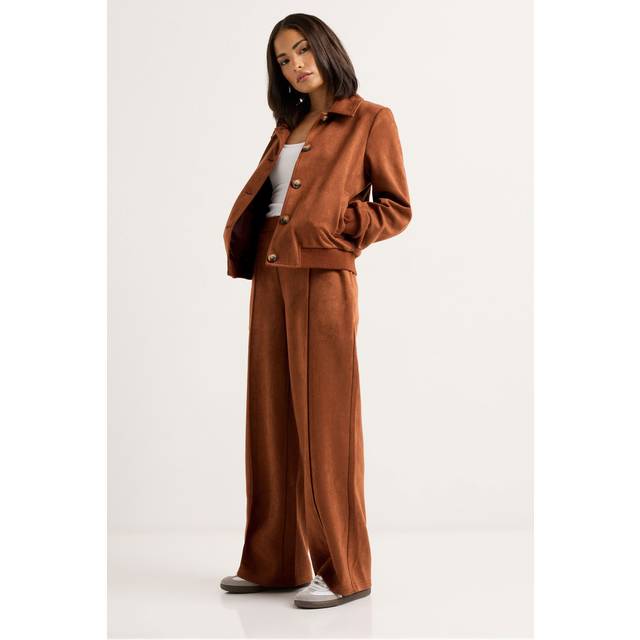 Pixiegirl Petite Tan Brown Suedette Collar Bomber Jacket 8 Pixiegirl | Petite Women's Bomber Jackets