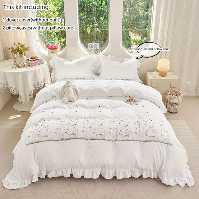 TEMU Floral Plant Embroidery Lace Bedding Set 3pcs With White Lace Duvet Cover And Pillowcases, Core Not Included