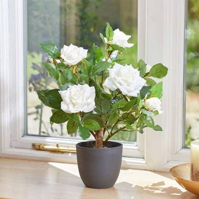 Artificial Rose Bush Tree Potted Plant White Faux Flowers Home Decor Garden