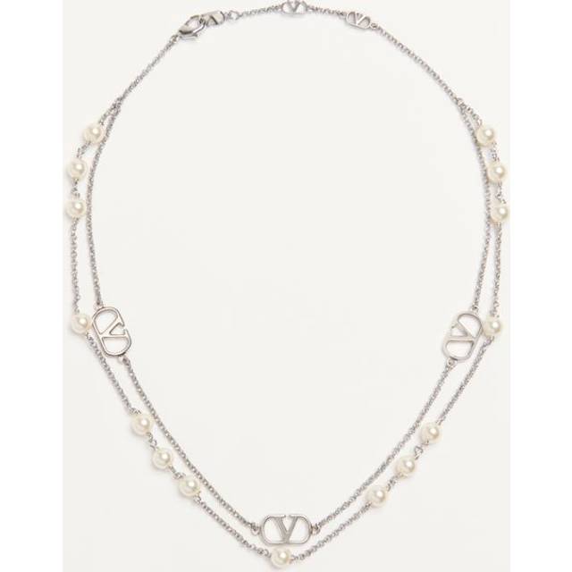 Valentino Garavani Vlogo Signature Metal Necklace With Swarovski® Pearls Woman PALLADIUM/CREAM UNI
