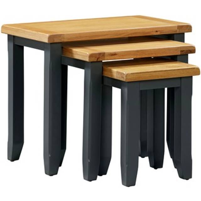 Capri Nesting Tables Set Of 3 Natural Oak Wood Tabletop Hardwood Body Dark Blue