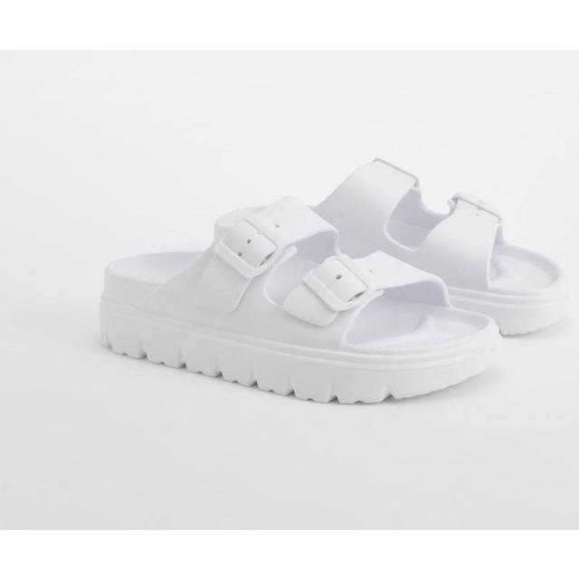 Womens Wide Fit Double Strap Buckle Sliders - White - 4, White