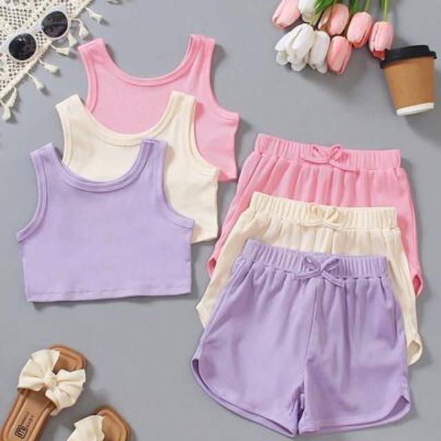 SHEIN 3pcs/Set Toddler Girls Solid Color Casual Crew Neck Sleeveless Tank Top Bowknot Decorated Short Pants Summer Outfit