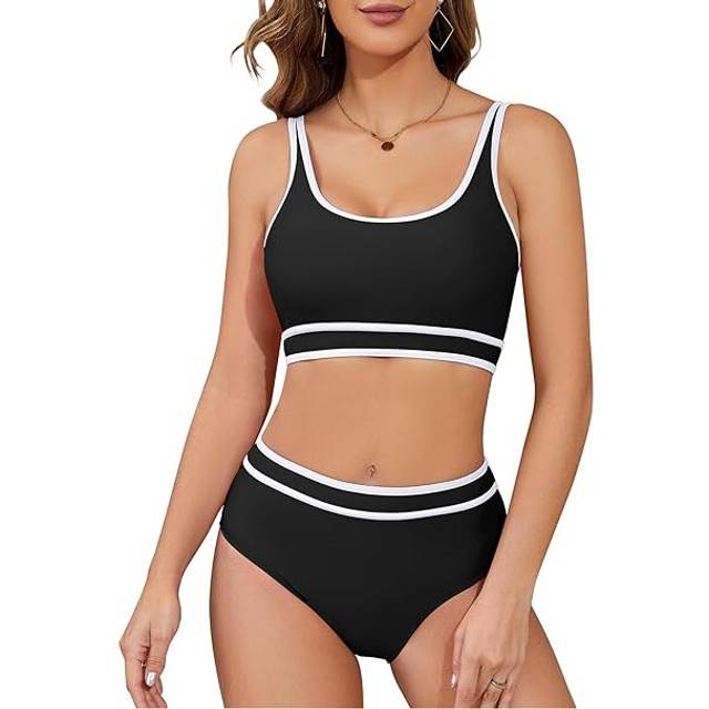 (Black, L) Women's Sporty Bikini Sets Two Piece High Waisted Swimsuits Tummy Control