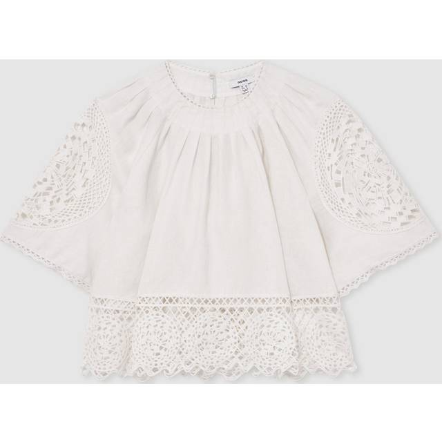 Reiss Carina Lace Embroidered Pure Linen Top, Ivory
