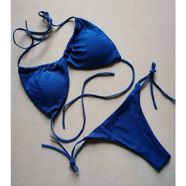 (blue, M) Summer Sexy Bikini set Push-up padded Bra Thong Split Swimwear Female Bandage Bathing Suit Adjustable Lacing Swimsuit Solid