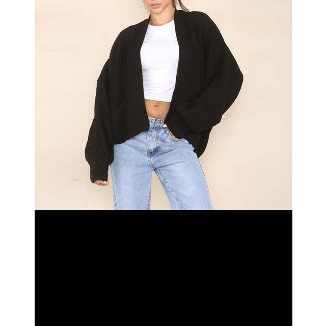 (Black, One size 8-22) UK Womens Chunky Knitted Oversized Cardigan Ladies Balloon Sleeve Short Cardigan