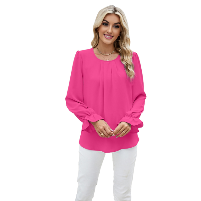 Women'S Puff Long Sleeve Blouse Dressy Casual Crew Neck Chiffon Loose Fit Pleated Shirt Work Office Tops Rose Red L