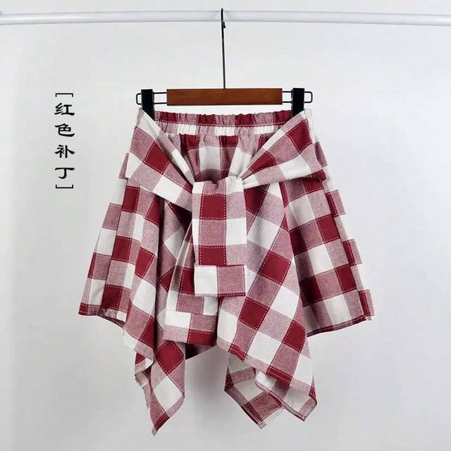 (HHBSQ2.28D 02, One Size) Summer Casual Retro Irregular Women Skirt Bow-knot Elastic Waist Shirt Style Blue White Lattice Mini A-line Shortskirt Femal