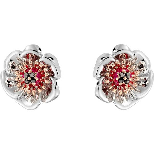 Clogau Welsh Poppy Silver Rose Gold Black Diamond And Ruby Studs D - Silver