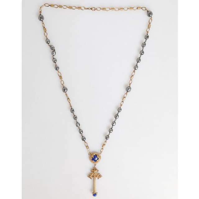 Gold Tone Beaded Chain Religious Cross Necklace