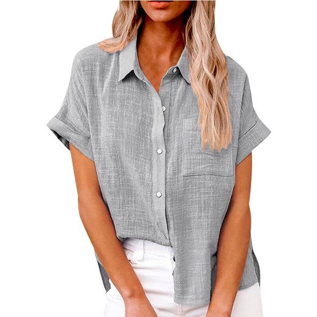 (Gray, XL) Women's Simple and fashion shirt Casual Classic Shirts Cotton Linen Short Sleeve Lapel Button Down Shirt temperament Tops traf