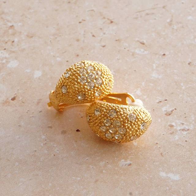 Vintage Textured Crystal Flower Clip-On Earrings - Orelia Vintage - Gold