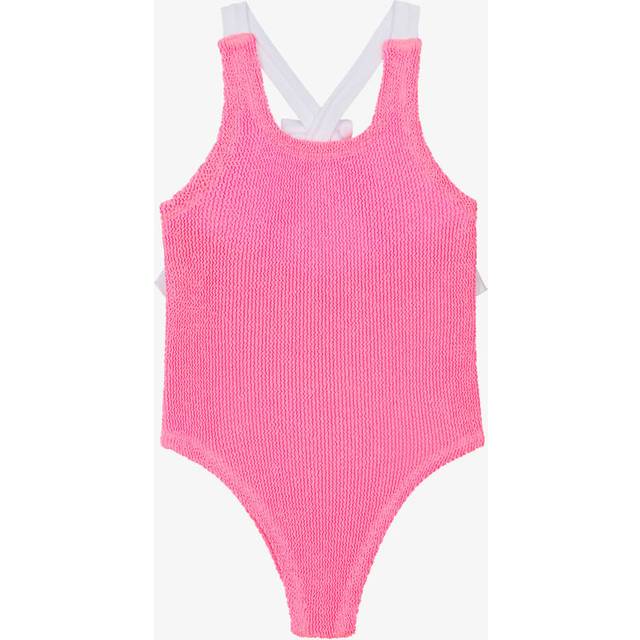 Hunza G Girls Bubblegum Pink Crinkle Swimsuit With Bow & Ruffle - 7-12 year