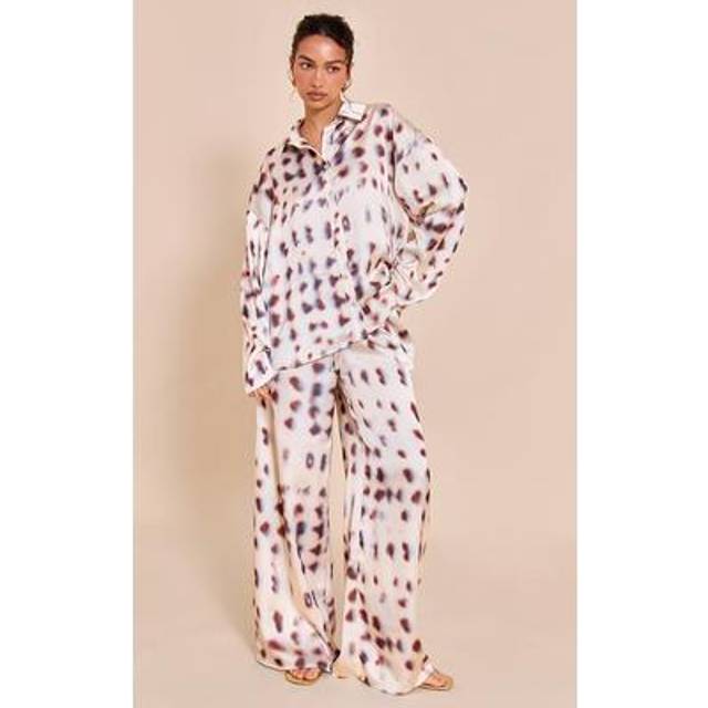 Cream Shell Printed Satin Wide Leg Trousers, White - 4