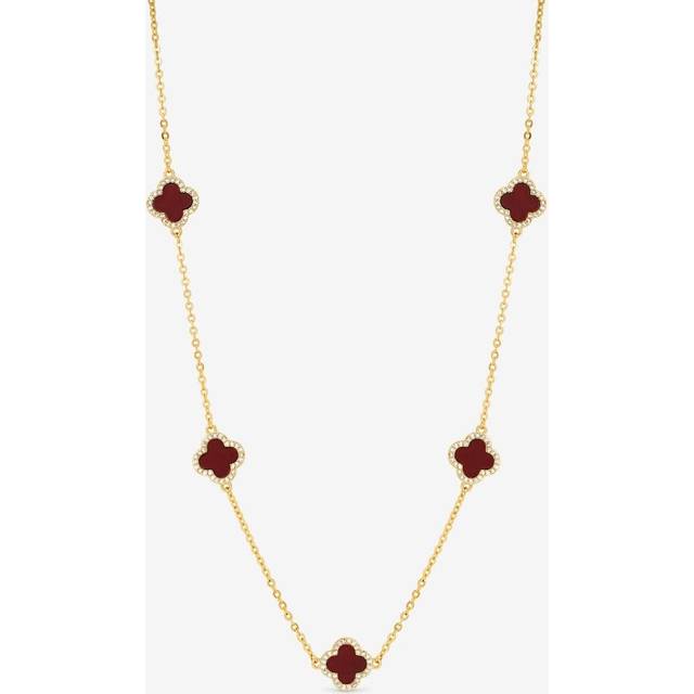 Gold Plated Carnelian Station Clover Necklace - One Size