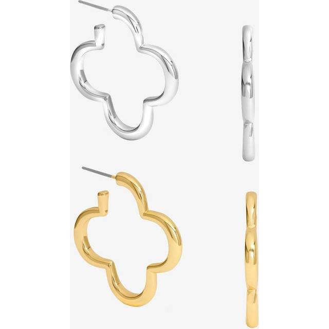 Mood Silver & Gold Polished Open Clover Hoop Earrings - Pack Of 2 - One Size
