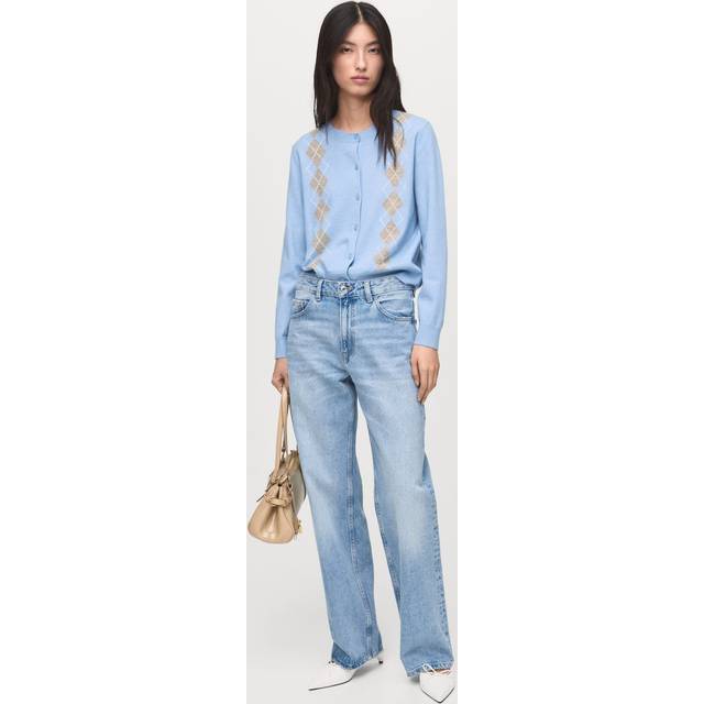 Knitted cardigan with diamonds sky blue - Woman - L - MANGO - Sky Blue